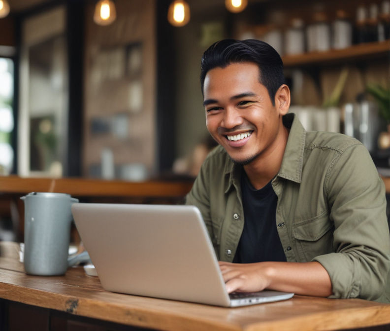 An Indonesian man smiles while working on his laptop in a relaxed cafe atmosphere.