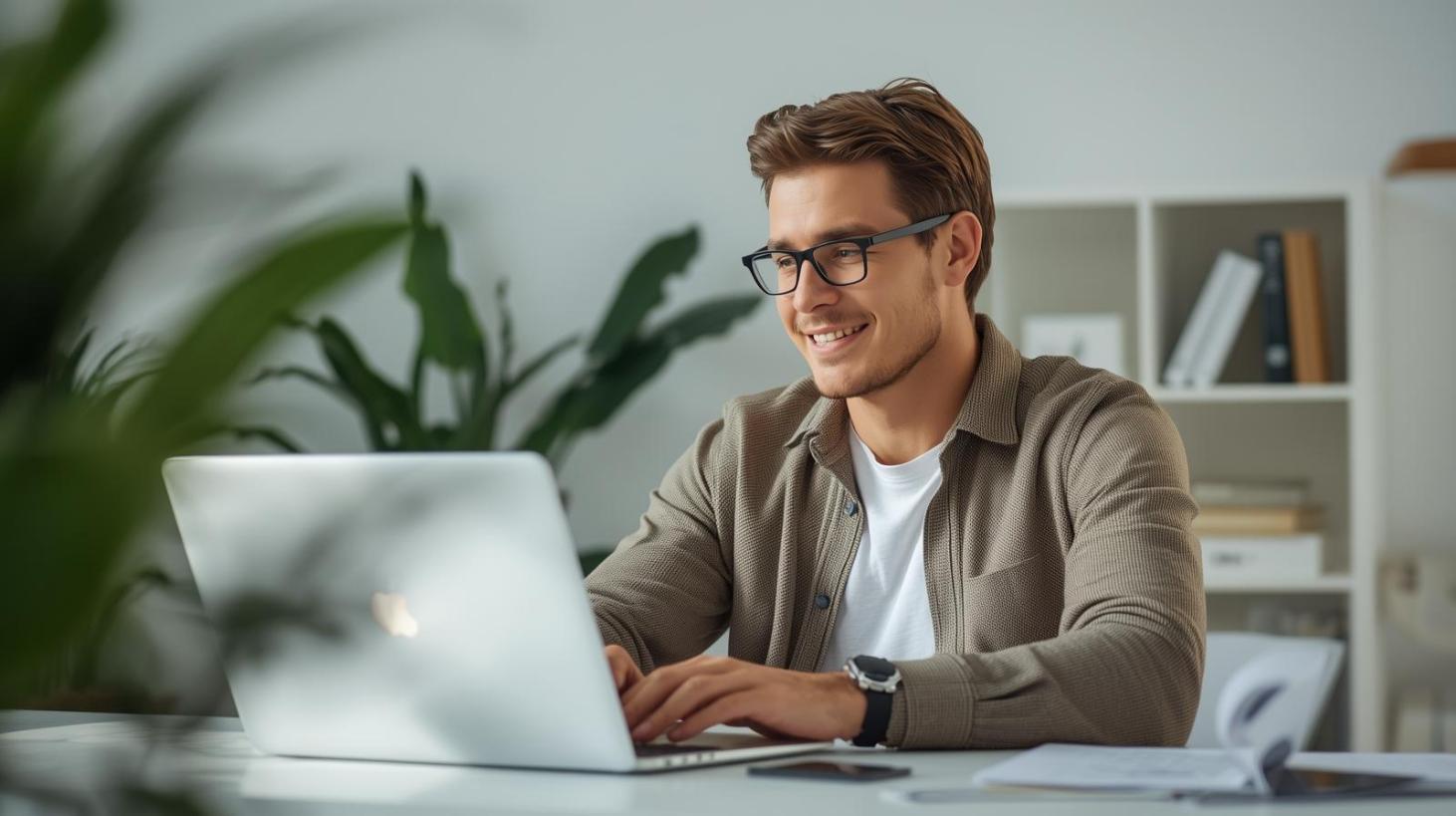 Smiling man at home laptop desk celebrating successful online payout transaction.