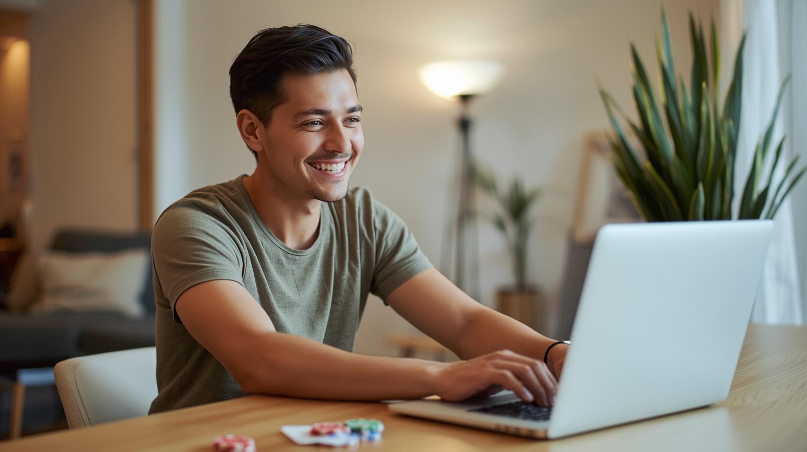Happy gambler browsing laptop with blurred casino screen and casual gaming elements nearby.