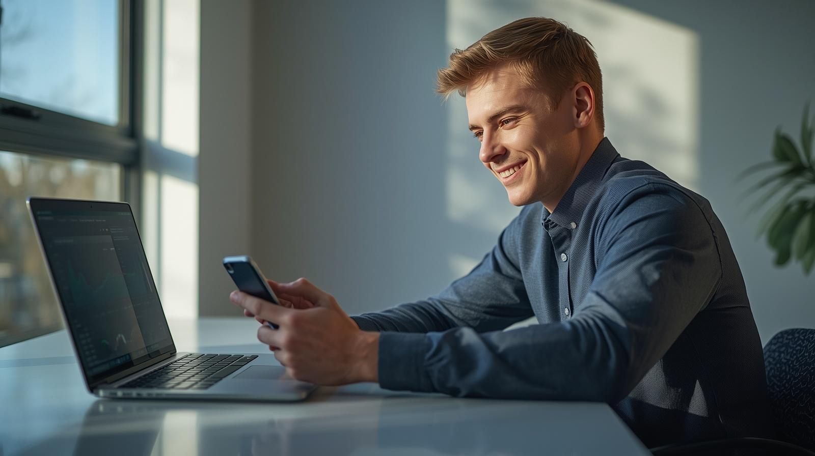Man analyzing betting data on phone in bright modern workspace environment.