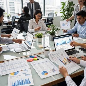 A professional office setting with financial analysts reviewing charts and tax documents related to casino revenue, modern workspace