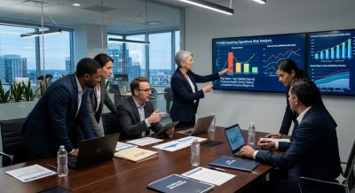 A business meeting scene showing executives analyzing risk charts and financial projections related to gambling operations
