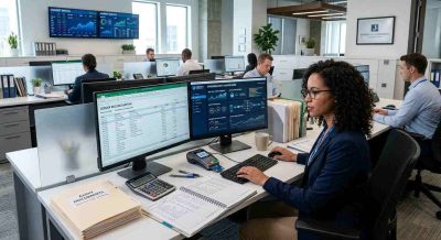 A professional accounting office with financial ledgers, transaction reconciliation screens, cybersecurity dashboards, calculator, audit documents, and secure digital payment systems.
